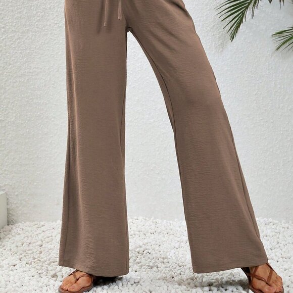 Coffee Brown Casual Women's Summer Drawstring Elastic Waist Wide Leg Pants - Picture 6 of 6